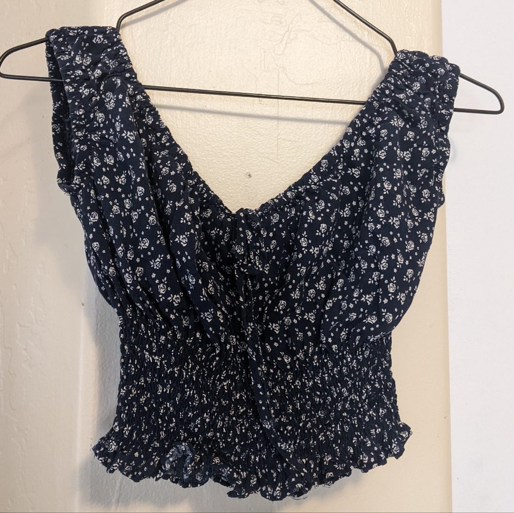 John Galt blue floral smocked crop top